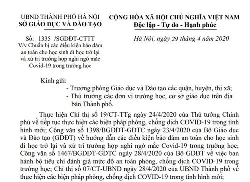 Công văn số 1335 của Sở GD&ĐT Hà Nội về việc chuẩn bị các điều kiện để đón HS đi học